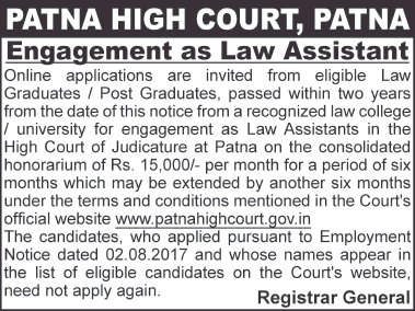 Post of Law Assistant at Patna High Court - last date 03/01/2019
