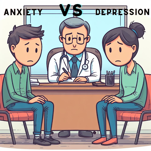 a doctor setting on chair with one patient of anxiety and one of depression