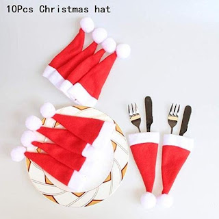 GuGio 10pcs Mini Christmas Hat For Wine Bottle Covers Spoon Fork Knife Cutlery Bags Tableware Pockets Silverware Holders For Christmas Feast Dinner Table Decoration Gift