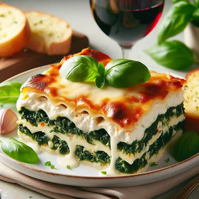 Auf dem Bild ist ein Stück vegetarische Lasagne mit Spinat und Ricotta auf einem Teller zu sehen. Sie sieht sehr appetitlich aus, ist gesund und nahrhaft.