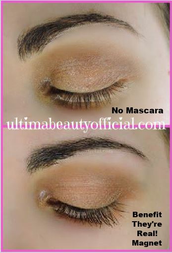 Collage: First picture: a closed eye lid. "No mascara" printed on it. Second picture: a closed eye lid. "Benefit They're Real! Magnet" Printed on it