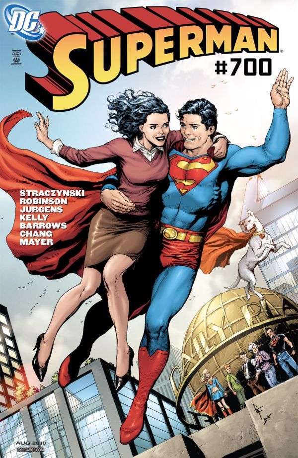 Superman in flight holding Lois Lane, their free arms held palms out and legs awkwardly splayed, as friends look on from room of Daily Planet building