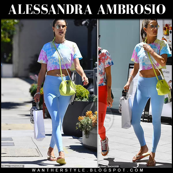 Alessandra Ambrosio in blue leggings and tie dye top on August 27