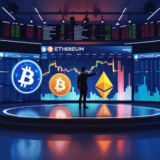 Modern news studio showing a presenter in front of digital screens displaying live crypto prices, Bitcoin and Ethereum logos, and rising market charts