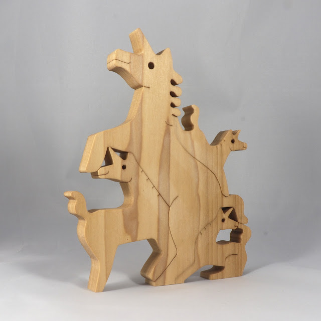 Wood Puzzle, Unicorn Family, Mom, and Babies, Handmade and Finished with Mineral Oil and Beeswax, Freestanding Stackable Toy Fantasy Animal