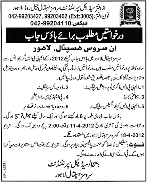 Medical House Jobs in Services Hospital, Lahore