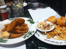 pulled pork sliders, french fries, and onion rings