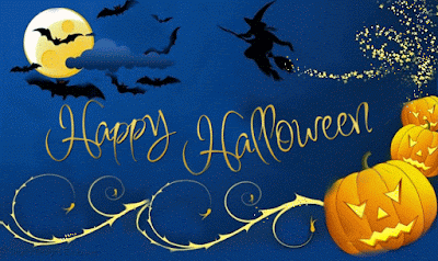 Happy Halloween  with moon, bats, witch and pumpkins