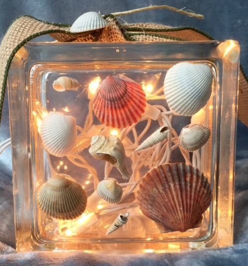 Beach Glass Block Ideas with Shells, Seaglass & Christmas Lights