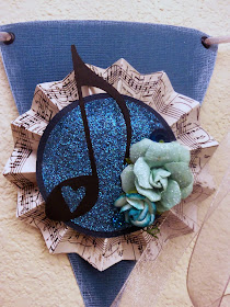 banner, pennants, custom, handmade, scrapbooking, paper crafts, medallion, rosette, teal, aqua, turquoise, glitter, music, treble clef, music note, eighth note, celebration, party, party decor, ribbon, flowers, jewels, gems, bling, quartz, Bazzill, Kaiser Craft, Prima Marketing, inking, chalk ink, Alice Scraps Wonderland