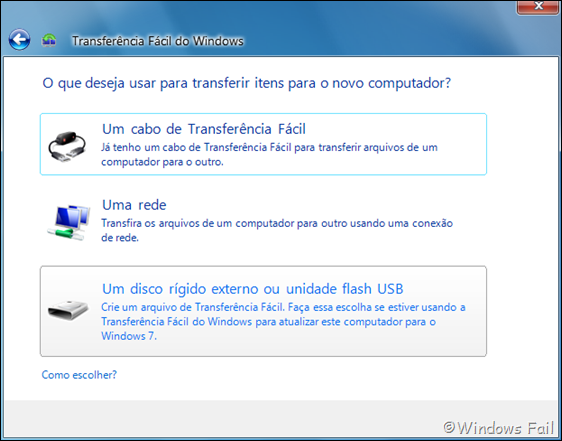 O que deseja usar para transferir itens para o novo computador