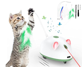 Bumfey 4-in-1 Automatic Cat Mice Toys, Interactive Cat Toys for Indoor Cats, Electric Cat Toys with Feather, LED Lights, Bird Sound, Moving Cat Toys Laser, Smart Kitten Toys for Pet Exercise Playing