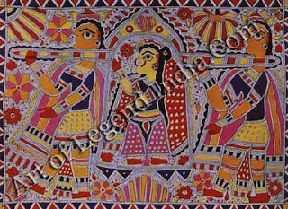 The body itself in its colourful clothes, is so treated in the colourful Madhubani world of paint, that life impulses are glorified with ease. Here the bride, being carried in a palanquin, is flowering into happiness. Space if filled with foliage to complete, by suggestion of smiles, the inwardly eagerness of woman going to man. 