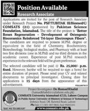 Latest Comsats University Research Posts Lahore 2022