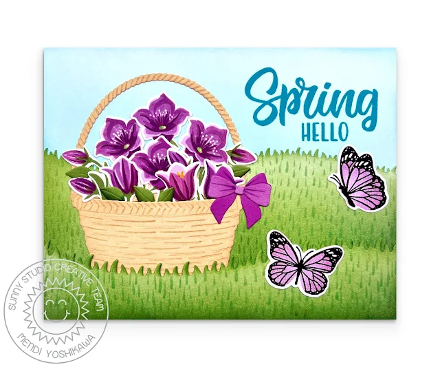 Sunny Studio Spring Card using Beautiful Bluebells, Watering Can, & Cheerful Daisies Stamps, Wicker Basket & Mini Grass Border Dies