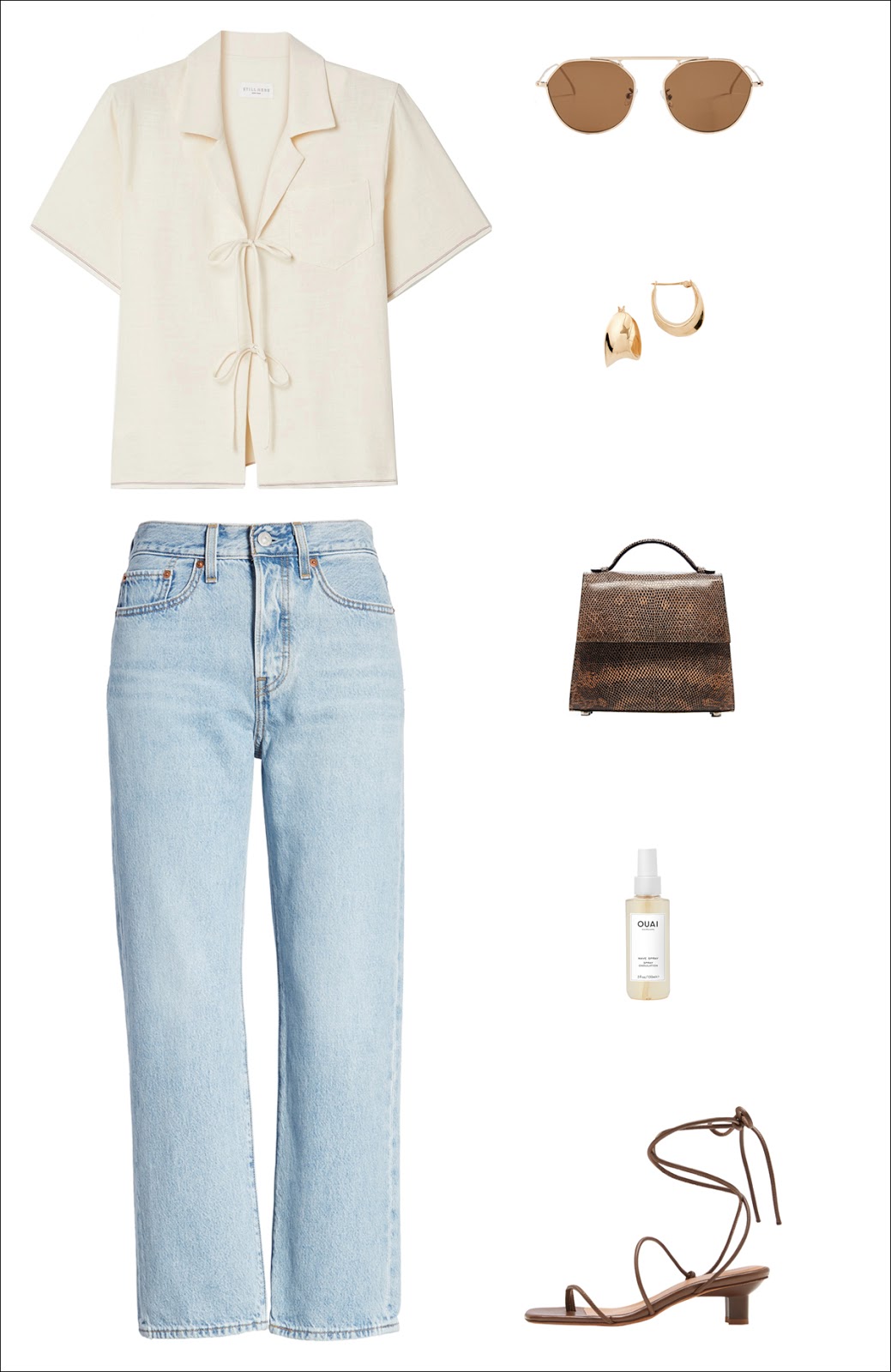 Casual-Chic Denim Outfit for Summer and Fall — standout shirt, metal-rim sunglasses, chunky hoop earrings, a cool mini bag, classic straight-leg jeans, and ankle-wrap sandals