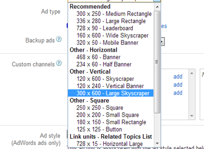 AdSense ad sizes