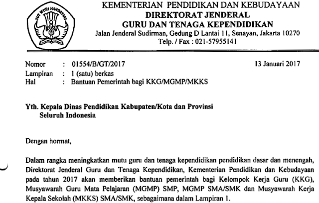 Hasil gambar untuk Surat Edaran Ditjen GTK Tentang Bantuan KKG/MGMP/MKKS Tahun 2017