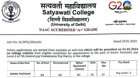 Satyawati College Junior Assistant Jobs 2024