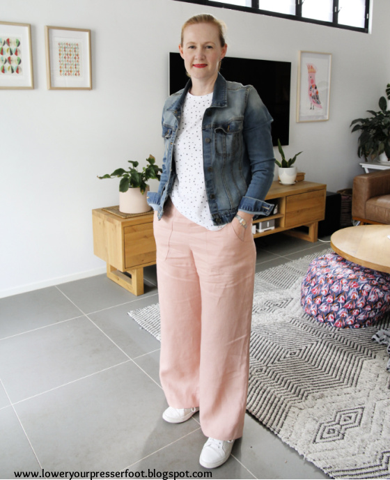 pink linen wide leg pants Burda 10/2016 #113 www.loweryourpresserfoot.blogspot.com