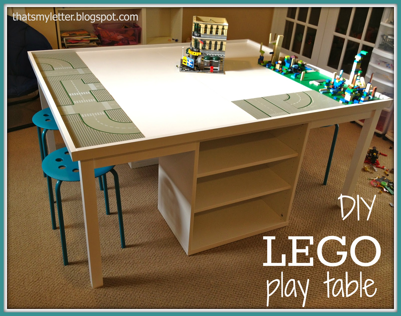 giant lego play table space designed for storage and seating area: