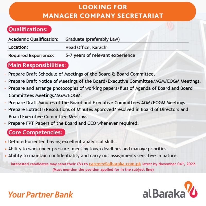 Al Baraka Bank (Pakistan) Limited has a new career opportunity for Manager Company Secretariat