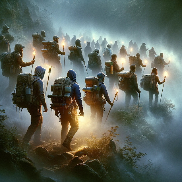 A depiction of modern explorers with backpacks and torches, cautiously navigating through the dense mist of Misty Vale