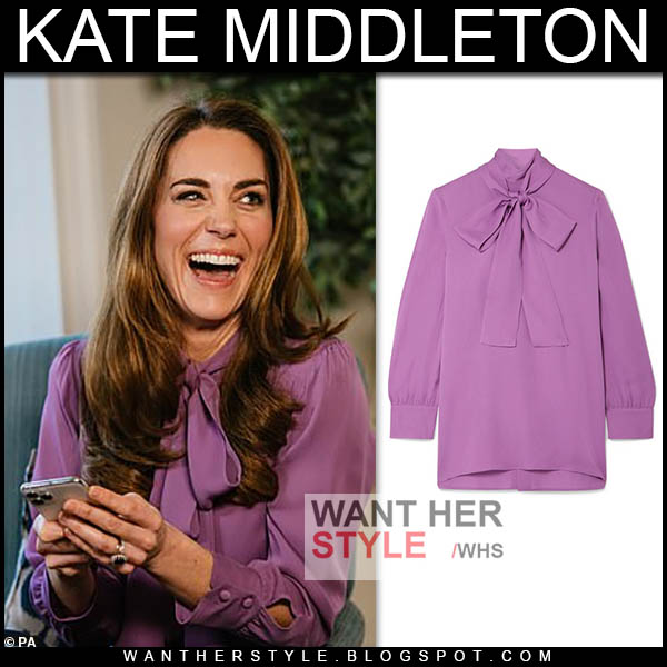 Kate Middleton in purple tie front silk blouse