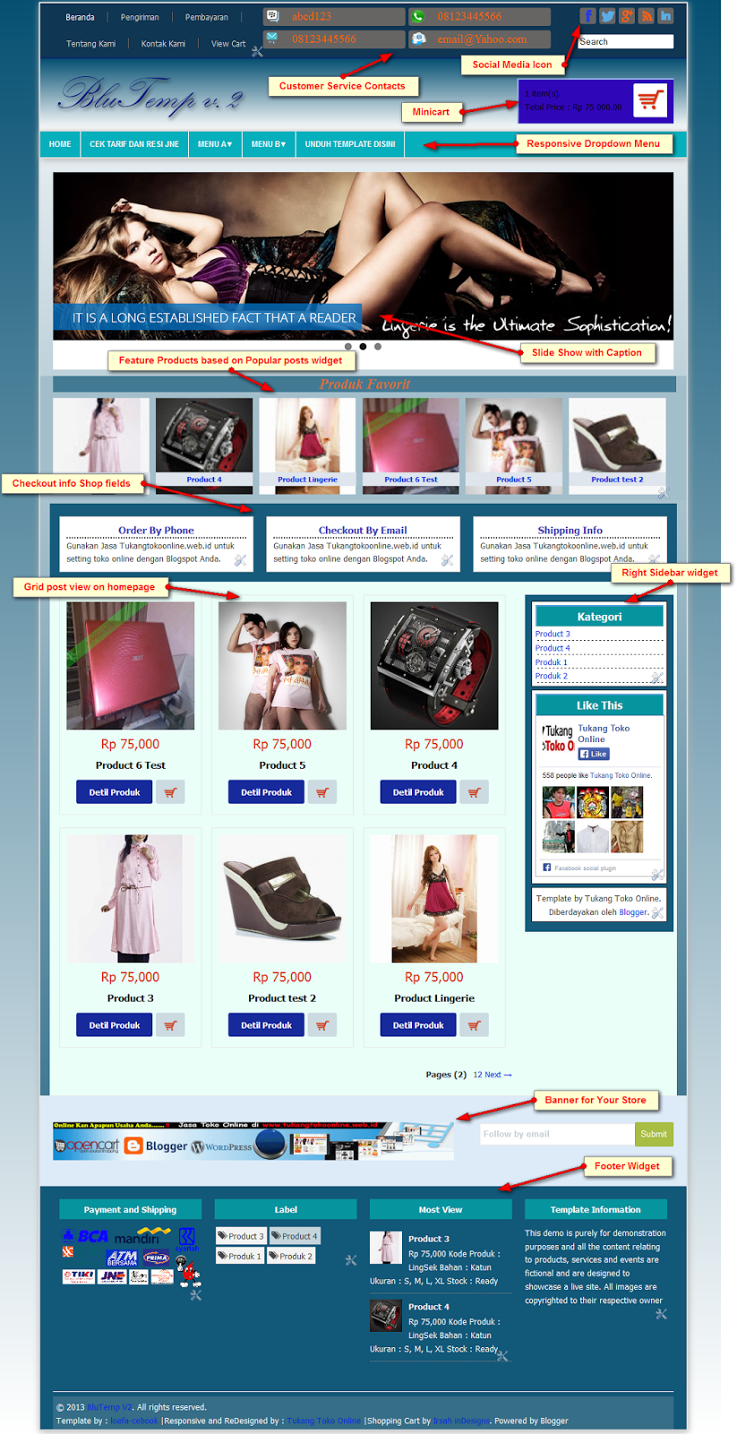 Premium Template Toko Online Blogspot Responsive BluTemp v.2