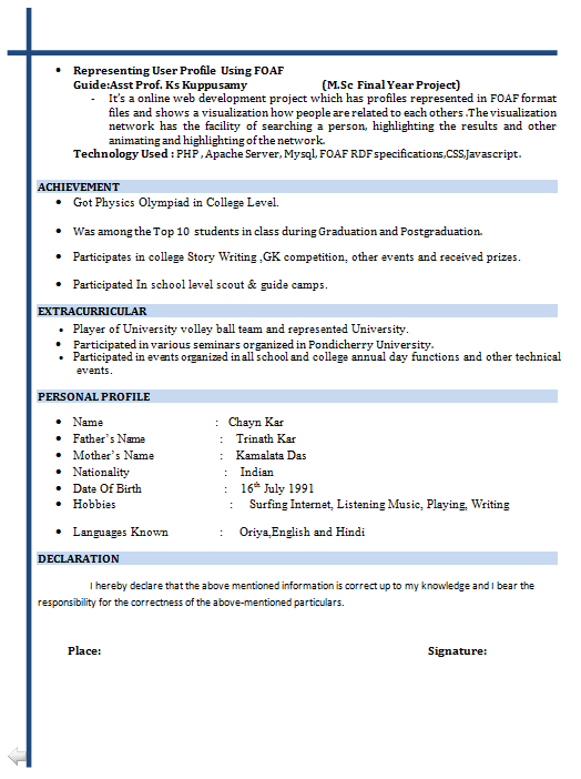 Resume For Msc Students Download MSC IT Resume