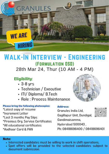 Granules India Walk In Interview For Engineering Dept