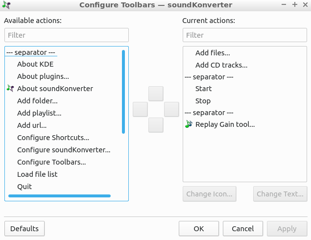 SoundKonverter toolbar configuration settings