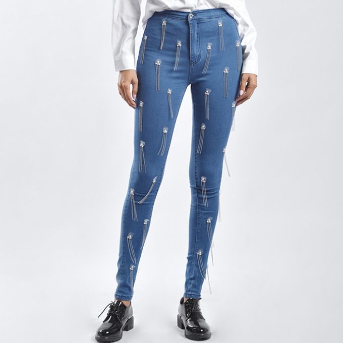 Women Skinny Jeans High Waist Stretch Beaded