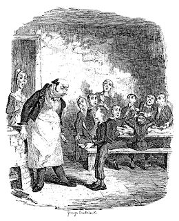 Illustration by George Cruikshank from the workhouse scene with Oliver Twist asking for more food