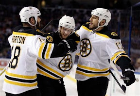 Nathan Horton, David Krejci and Milan Lucic celebrate a Bruins goal