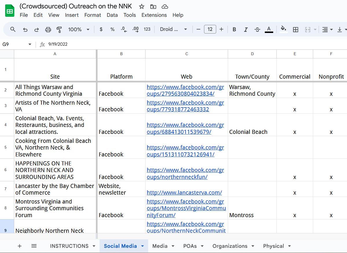Screenshot of spreadsheet, showing social media account names, links, and additional information such as update date