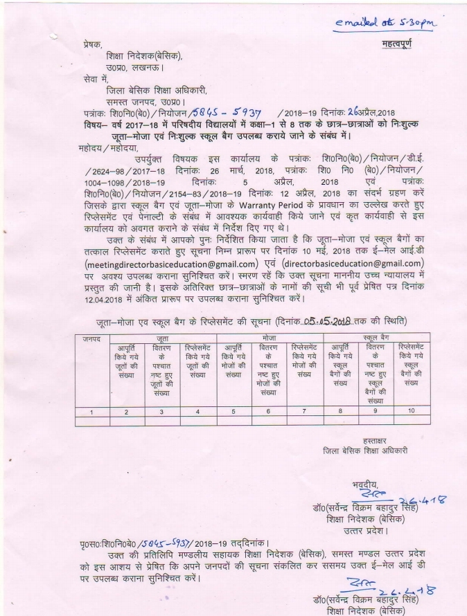 वर्ष 2017-18 में परिषदीय विद्यालयों के कक्षा 1 से 8 तक के छात्र छात्राओं को निशुल्क जूता मोजा एवं नि:शुल्क स्कूल बैग उपलब्ध कराए जाने के संबंध में आदेश जारी