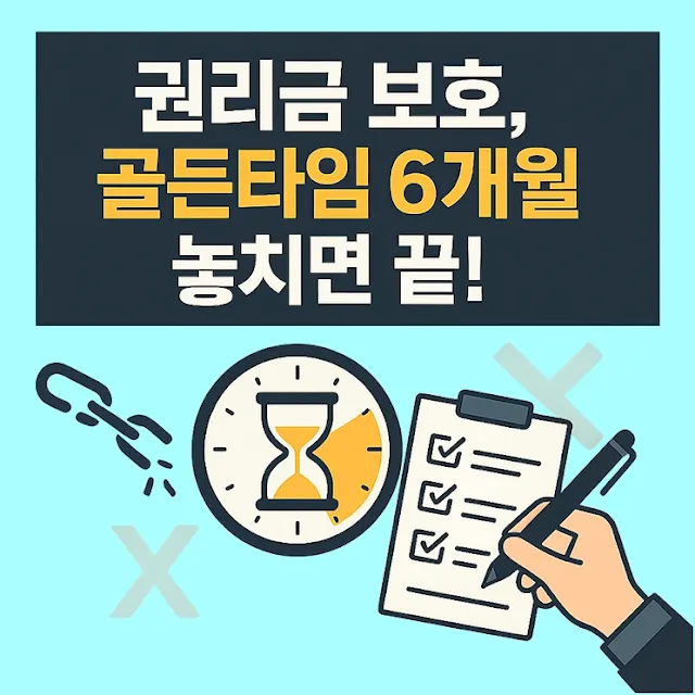 권리금 보호법의 핵심인 '골든타임 6개월'과 임차인의 결정적 의무를 시계 및 체크리스트 아이콘으로 시각화한 썸네일. 권리금 회수 기회 보호를 위한 중요 기간과 필수 행동을 강조.