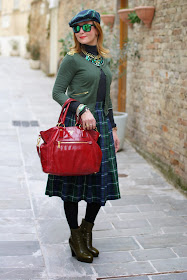 Green and blue tartans, Asos midi skirt, Prada red tote, tartan hat, Fashion and Cookies, fashion blogger