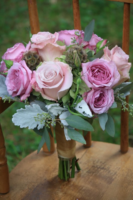 Antique hydrangea Faith roses purple spray roses scabiosa pods 