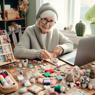 “A smilimg Canadian senior woman selling crafts on Etsy. She is pictured in her workspace, wearing a grey knit toque and  sweater surrounded by her handmade crafts. She is tracing around one of her crafts on brown paper. Her laptop is open beside her so se can keep an eye on  her Etsy shop.”