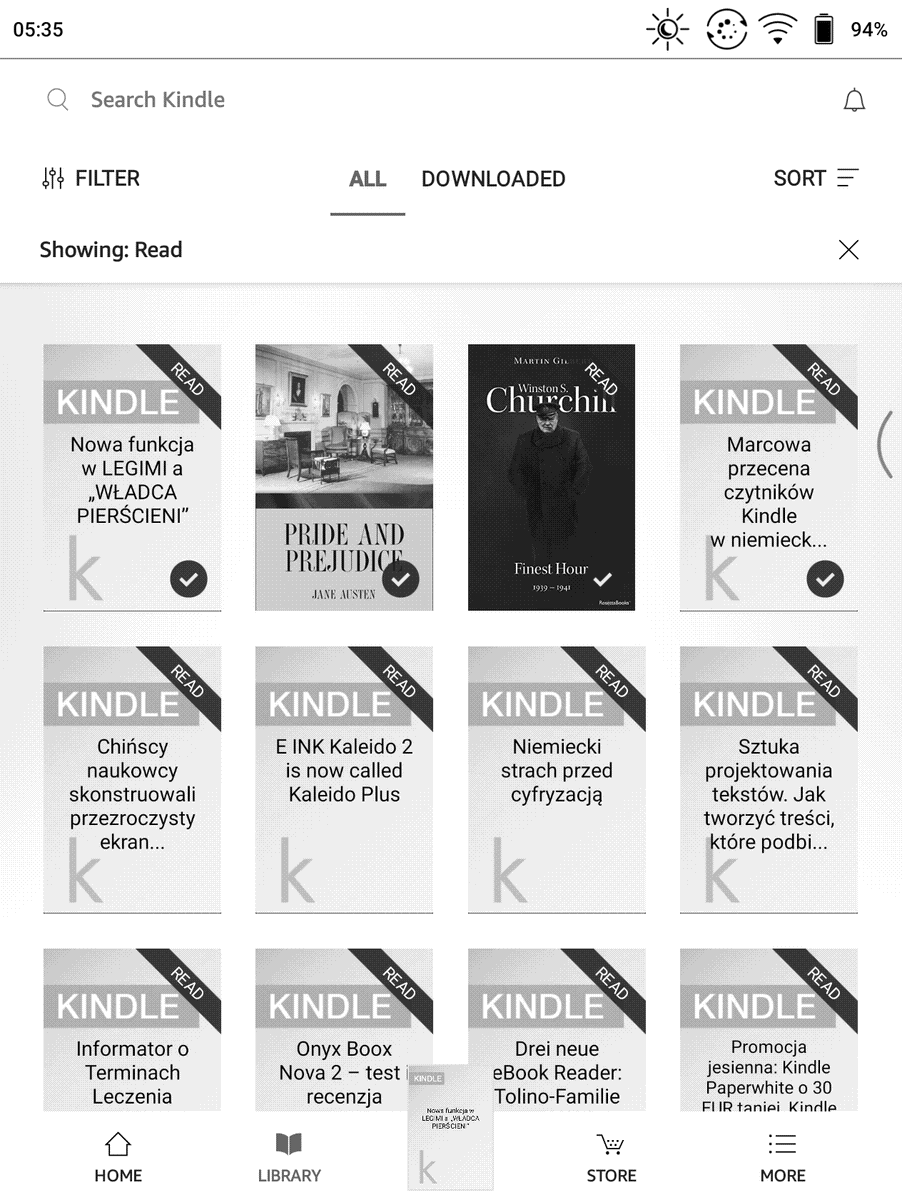 Onyx Boox Leaf –  biblioteka w aplikacji Amazon Kindle