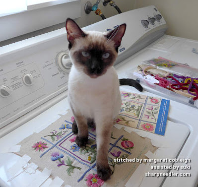 Crewel Sampler (by Elsa Williams): Siamese kitten (Suki) helping with photography