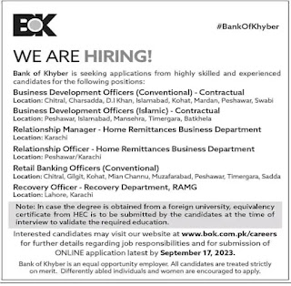 Bank of Khyber (BoK) official job advertisement (Download)