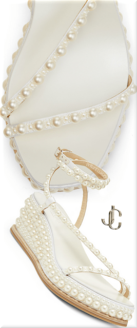 ♦Jimmy Choo Drive white satin wedge sandals with pearl embellishment #jimmychoo #shoes #brilliantluxury