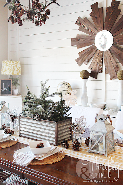 Christmas farmhouse decor and decorating ideas for dining room. Shiplap dining room, fixer upper style dining room