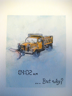 watercolor painting, sleeping, woken up, snow plow