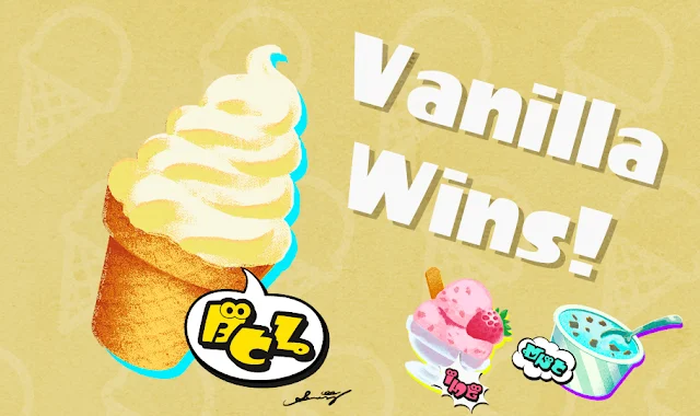 Arte que mostra que o time Baunilha ganhou o Splatfest em Splatoon 3. A arte possui um fundo amarelo claro, com o desenho de um sorvete de baunilha em um cone. No canto inferior direito, há ilustrações de sorvete de morango e de menta com chocolate