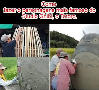 personagens mais famoso do Studio Ghibl, o Totoro - assistir anime - Avós com seus netos constroem um Totoro em tamanho real em ponto de ônibus.