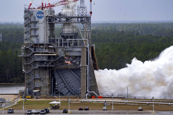 The next-generation RS-25 engine is tested on the Fred Haise Test Stand at NASA's Stennis Space Center in Bay St. Louis, Mississippi...on February 8, 2023.